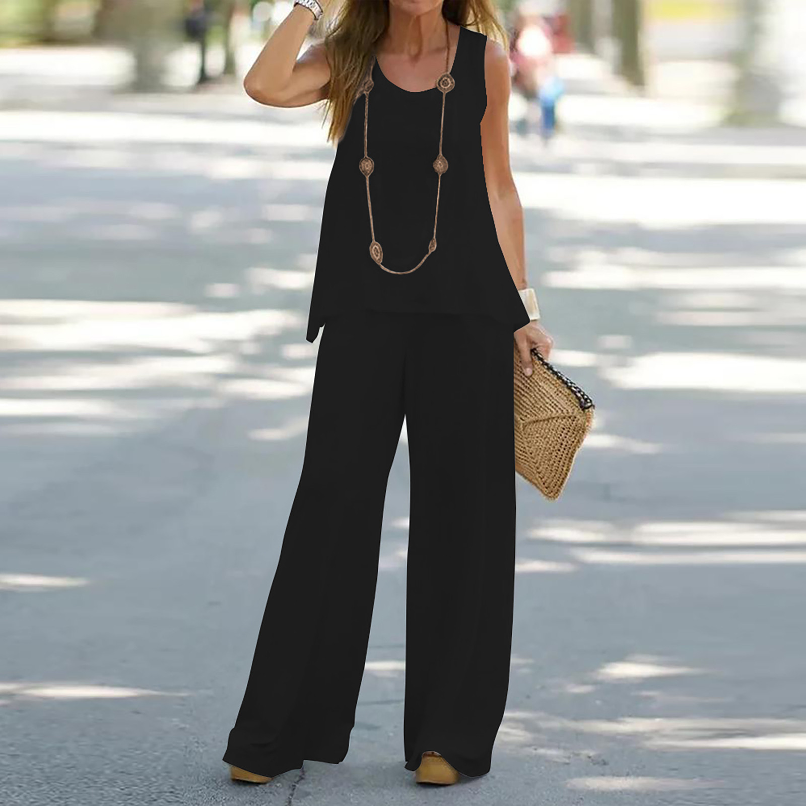 thumbnail image 2 of Conjunto de dos piezas para mujer: chaleco y pantalones anchos - Poliéster, estilo boho informal, sin mangas, cintura elástica, tallas S-XXL, para todas las estaciones, 2 of 5